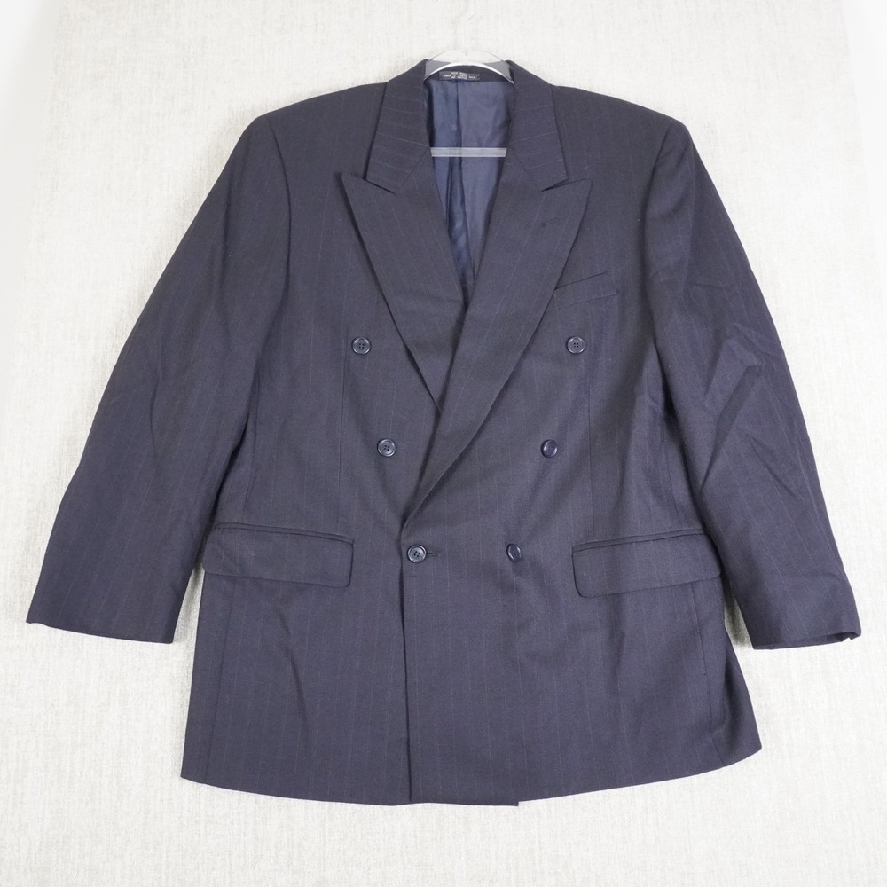 VTG Oleg Cassini Mens Black 100% Wool Pinstripe Double Breasted Blazer Sz 42R